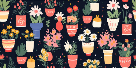 Seamless pattern with flowers in pots, branch, leaves, flower market. Creative floral texture. Great for fabric, textile Vector Illustrationのイラスト素材