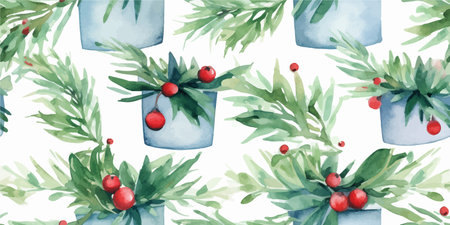 Christmas seamless pattern collection. Cute berries, fir branches in pot and floral backgrounds for...