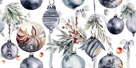 Christmas vintage watercolor seamless pattern on white with retro balls, vector holiday background in flat style for fabric, textile, wrapping paper, wallpaperのイラスト素材