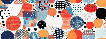 Seamless colorful whimsical wonky patchwork polkadot doodle pattern. Trendy black white deer, dalmatian, cheetah spots drawing repeating background. Simple cute abstract animal print.の素材