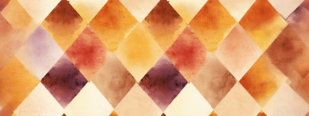 Retro classic 70s diamond squares wallpaper pattern. Geometric grunge watercolor seamless textile design background, warm nostalgic vintage faded orange, yellow, violet brownの素材