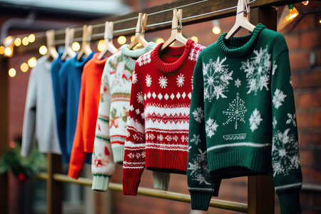 Different ugly Chirstmas jumpers hanging on a rail, on decorated christmas garlands lights background, New year and Christmas Festive Atmosphere concept.の素材