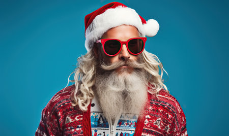 Studio portrait of modern hipster Santa Claus in Christmas ugly sweater, fashionable clothes. Bearded man over the wall, copy space for text. Festive background. x-mas, Happy New Year, holiday loveの素材