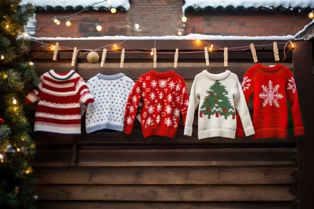 Different ugly Chirstmas jumpers hanging on a rail, on decorated christmas garlands lights background, New year and Christmas Festive Atmosphere concept.の素材
