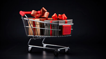 Shopping cart with many gift boxes gift box with red ribbon on dark black background, Black Friday concept, discount and sale, Grocery cart full of gift boxesの素材
