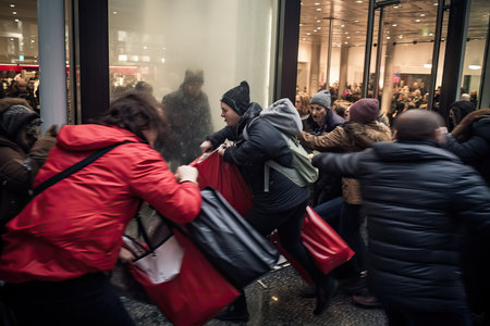 Shoppers rushing to grab items during a Black Friday doorbuster event. Midnight Chaos with Shoppers and Arguments Over Last Item, crowd of customers, bargain hunting conceptの素材