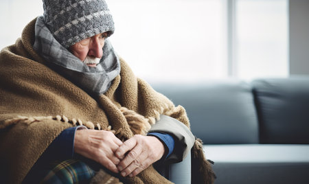 It's cold in the house in winter. A senior Person freezing, fever or trouble with heating. Sad person in wool plaid and scarf and wearing warm hat sitting on sofa at home in wintertimeの素材