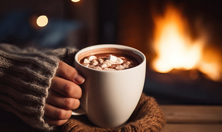 Mug of hot chocolate or coffee by the Christmas fireplace. Woman relaxes by warm fire with a cup of hot drink. Cozy Winter x-mas evening, Happy New Year, holiday, vacation, Christmas holidays conceptの素材