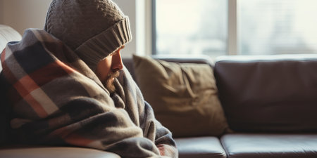 It's cold in the house in winter. Person freezing, fever or trouble with heating. Sad person in wool plaid and scarf and wearing warm hat sitting on sofa at home in wintertimeの素材