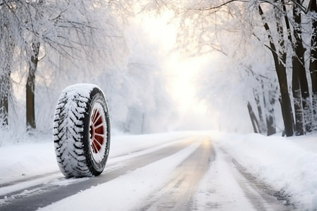 Brand new winter car tires showcased against a snowy road backdrop. cy Journey, Wheel winter tires ready for winter with snow and all difficult weather conditionsの素材