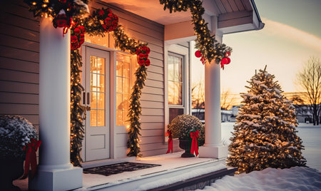 Exterior christmas decorations in the snow, suburban USA house covered christmas lights and festive decorations for the holiday season, Winter evening, Merry christmas and happy new yearの素材