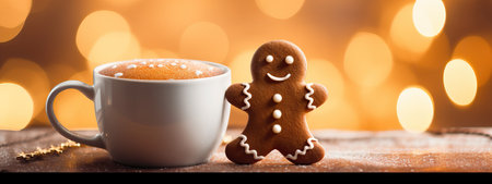 Gingerbread man cookie in a cup of hot chocolate or Mug cocoa, christmas bokeh lights, x-mas food, human shaped cookies. Preparing for a festive dinner. Merry christmas, new year, Close-up. Bannerの素材