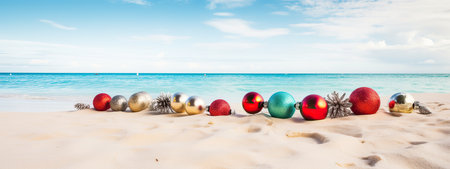 Christmas ball, starfish, decorations on white sand and sea background. New Year, Xmas holiday vacation in exotic countries, tropics concept, Copy space for textの素材