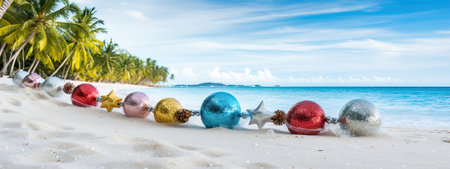 Christmas ball, starfish, decorations on white sand and sea background. New Year, Xmas holiday vacation in exotic countries, tropics concept, Copy space for textの素材