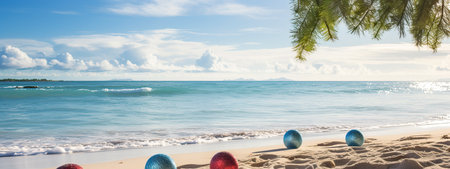 Christmas ball, starfish, decorations on white sand and sea background. New Year, Xmas holiday vacation in exotic countries, tropics concept, Copy space for textの素材