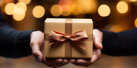 Male hands holding a luxury gold gift box with bow against a festive background, Xmas and New Year postcard design. Black Friday sales, Birthday celebration party conceptの素材
