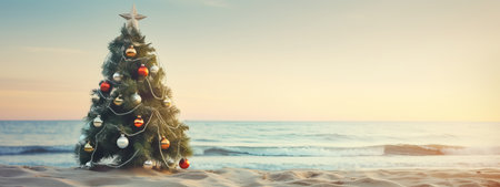 Christmas tree and gifts on the sandy beach, Summer Xmas vacations on a tropical island, x-mas travel design, Christmas tree background, Christmas decoration, Happy New Year, holiday,winter seasonの素材