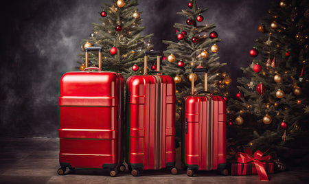Red suitcases near Christmas tree at the airport, luggage x-mas travel design, tree lights background, Christmas decoration, Happy New Year, holiday, love of the seasonの素材