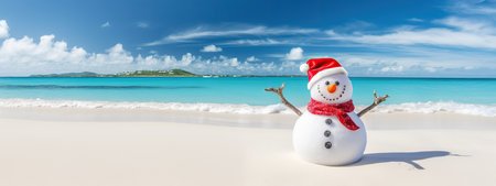 Smiling sandy snowman in red santa hat on the sea beach, x-mas travel design background, Christmas decoration, Happy New Year, holiday,vacation, love of the season, space for textの素材