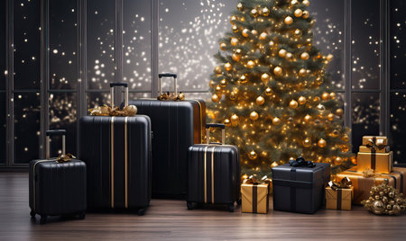 Gold black suitcases near Christmas tree at the airport, luggage x-mas travel design, tree lights background, Christmas decoration, Happy New Year, holiday, love of the seasonの素材