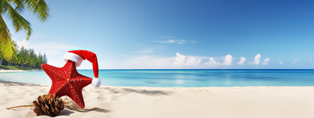 Composition with Santa hat and starfish on the sea beach. Christmas decoration, vacation, x-mas travel design background, Happy New Year, holiday,vacation, winter season, space for textの素材
