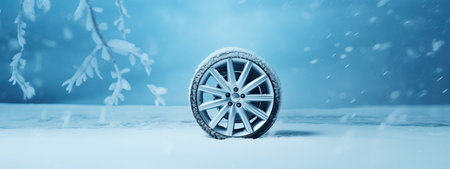 Brand new winter car tires showcased against a snowy blue backdrop, winter tires ready for winter with snow and all difficult weather conditionsの素材