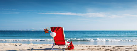Christmas beach chair lounges with Santa hats at sea, ocean sandy tropical beach, x-mas travel design background, Christmas decoration, Happy New Year, holiday,vacation, winter season, space for textの素材