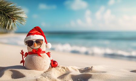 Smiling sandy snowman in red santa hat on the sea beach, x-mas travel design background, Christmas decoration, Happy New Year, holiday,vacation, love of the season, space for textの素材