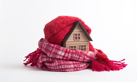 Small Figure of house with knitted scarf on white, symbol for heating system or cold snowy winter. Heating season, warm up, home heating, money and energy saving conceptの素材