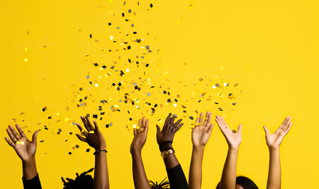 A diverse group of people celebrating with their hands in the air and falling party confetti, on yellow background, celebrating success business achievement among confettiの素材