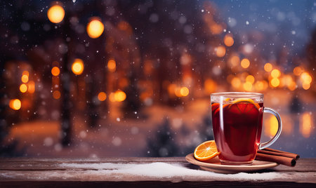 A festive glass on table top with a blurred outdoor winter scene and Christmas market bokeh lightsの素材
