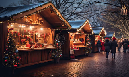 Enjoying Christmas Market, a couple walking near stalls, charming Festive Christmas market, holiday spirits, snowy weather, winter wonderlandの素材
