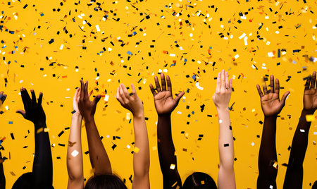 A diverse group of people celebrating with their hands in the air and falling party confetti, on yellow background, celebrating success business achievement among confettiの素材