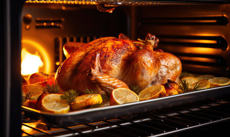 Christmas or Thanksgiving festive roast turkey, goose stuffed with baked vegetables cooking in an oven background, sharing a meal, homemade family dish, grilled poultry, lunch, foodの素材