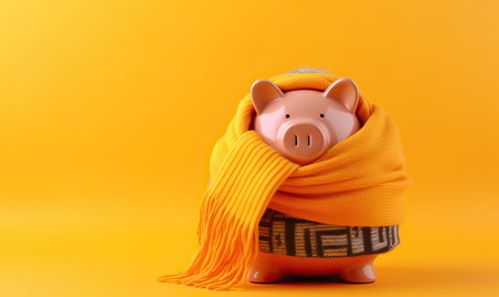 A piggy bank money box wrapped up warm with a scarf on yellow background. Winter season heating bills, Heat saving, heating prices. Thermal insulation of building or dwelling, copy space for textの素材