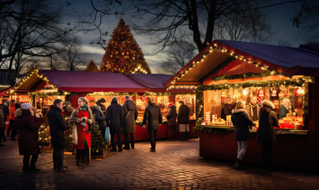 Enjoying Christmas Market, a couple walking near stalls, charming Festive Christmas market, holiday spirits, snowy weather, winter wonderlandの素材