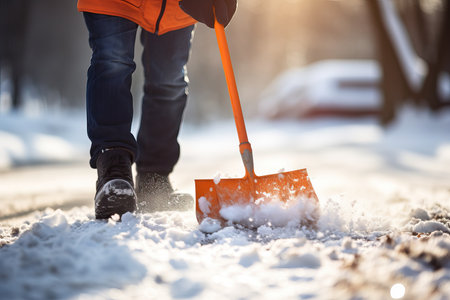 Winter service, snow maintenace, person or worker sweeping snow from road in winter, Cleaning city streets and roads after snowstorm, Close-up man cleaning, clearing snow on a sunny frosty day. Snowfallの素材