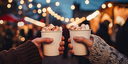 A joyful composition of People hands holding cups of hot cocoa with marshmallows, Close up of friends toasting with mug. Festive Christmas market bokeh lights, wide bannerの素材