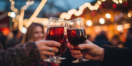 People at the festive Christmas market with mulled wine in their hands, Close up of couple friends toasting with glasses of warm mulled wineの素材