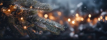 Christmas Holiday background with fir tree and decorations with christmas festive fairy bokeh lights, Happy New Year. Beautiful background. Decorated Blurred de-focused garland lights, gold bokehの素材