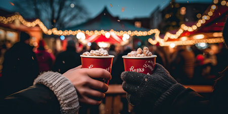 A joyful composition of People hands holding cups of hot cocoa with marshmallows, Close up of friends toasting with mug. Festive Christmas market bokeh lights, wide bannerの素材