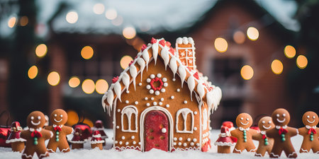 Beautiful and cozy Christmas background. Close up of gingerbread houses and gingerbread man on table over lights blurred backdropの素材
