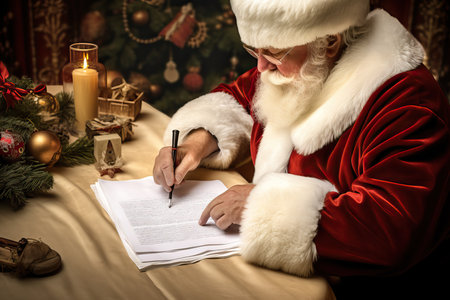 Portrait of smiling Santa Claus sits at the table and writes a letter to the children, reading letters, against a festive background, Xmas cozy place. Merry Christmas and Happy New Yearの素材