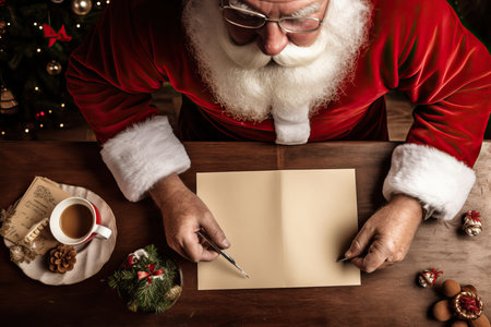 Close-up portrait of smiling Santa Claus sits at the table and writes a letter to the children, reading letters, against a festive background, Xmas cozy place. Merry Christmas and Happy New Yearの素材