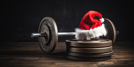 Father Christmas hat on a gym dumbbell weight. New year resolution and healthy lifestyle, red Santa hat. Exercise equipment fitness gift. holiday season winter composition. Gym workout, sport trainingの素材