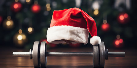 Christmas sport composition with gift and sports dumbbells on festive background. Copy space, banner. Fitness, sport and healthy concept. Christmas greeting card. winter saleの素材