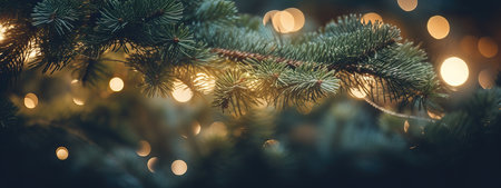 Christmas Holiday background with fir tree and decorations with christmas festive fairy bokeh lights, Happy New Year. Beautiful background. Decorated Blurred de-focused garland lights, gold bokehの素材