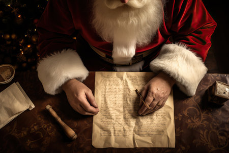 Portrait of smiling Santa Claus sits at the table and writes a letter to the children, reading letters, against a festive background, Xmas cozy place. Merry Christmas and Happy New Yearの素材