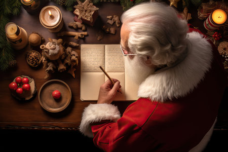 Close-up portrait of smiling Santa Claus sits at the table and writes a letter to the children, reading letters, against a festive background, Xmas cozy place. Merry Christmas and Happy New Yearの素材