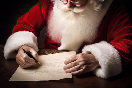 Close-up portrait of smiling Santa Claus sits at the table and writes a letter to the children, reading letters, against a festive background, Xmas cozy place. Merry Christmas and Happy New Yearの素材